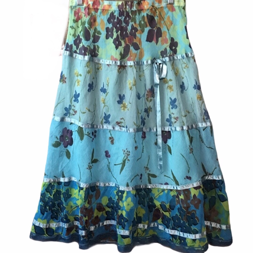 FIRST KISS FAIRYCORE BOHO TIERED FLORAL MIXED MEDIA PRAIRIE RIBBONS SKIRT AQUA S